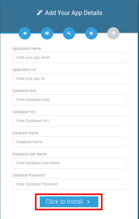 Entering the app and database details