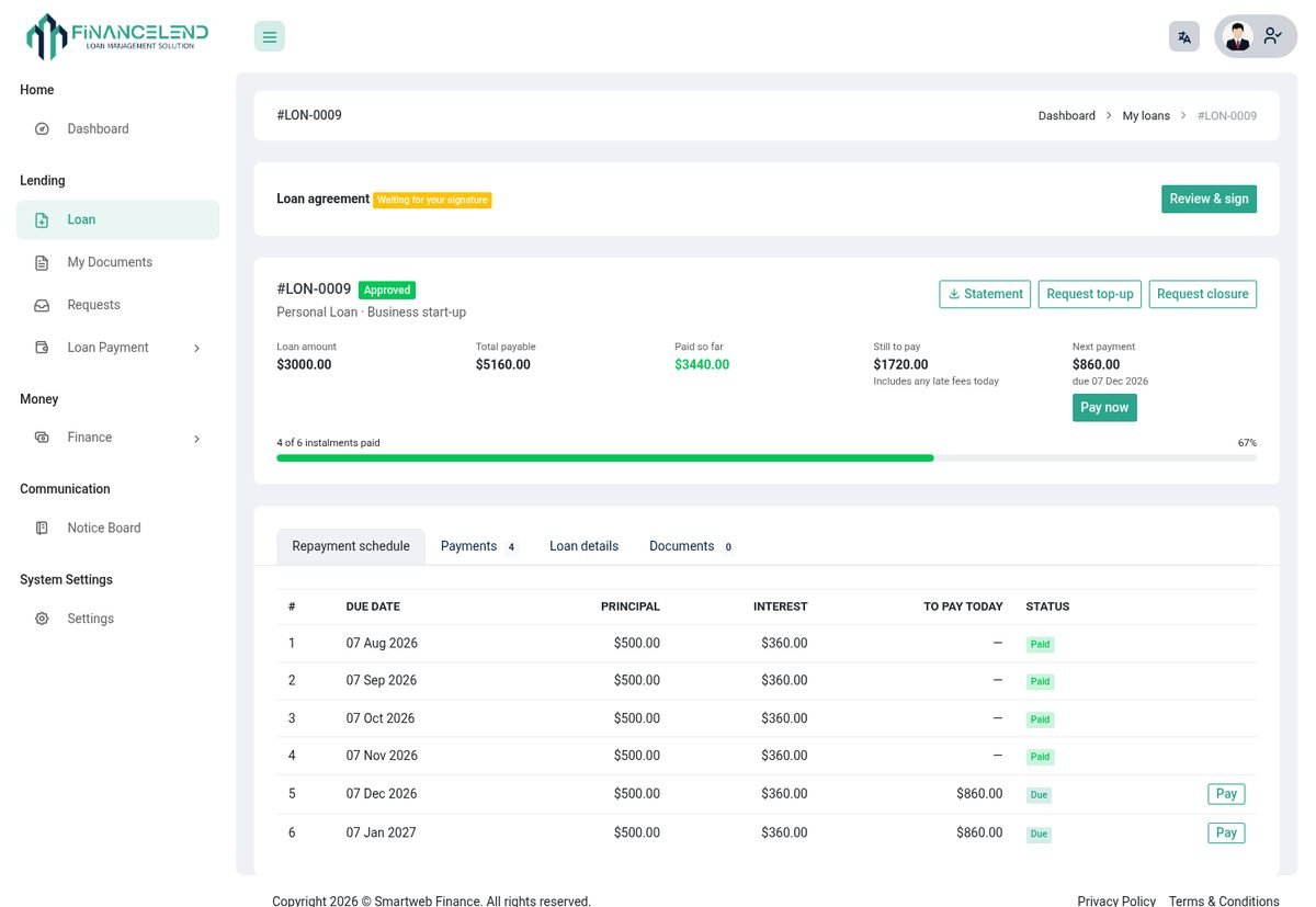 A customer's loan page