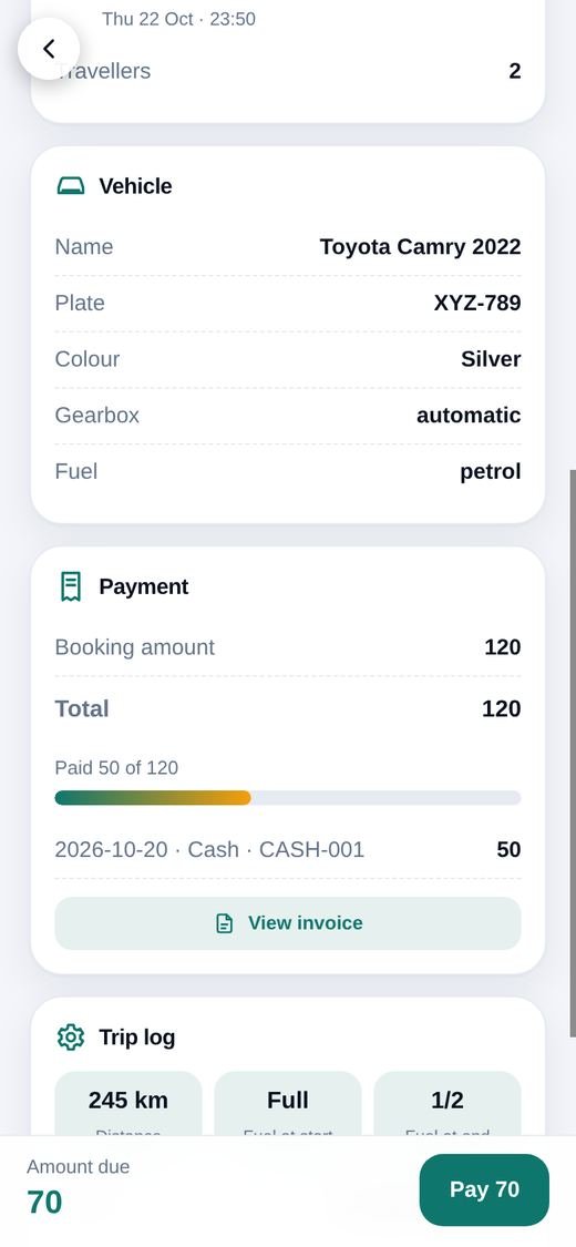 Trip details: payment and trip log