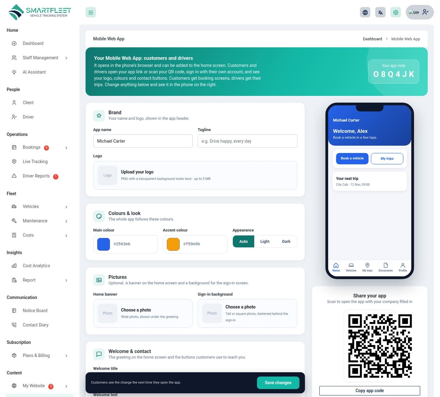 The Mobile Web App page for owners