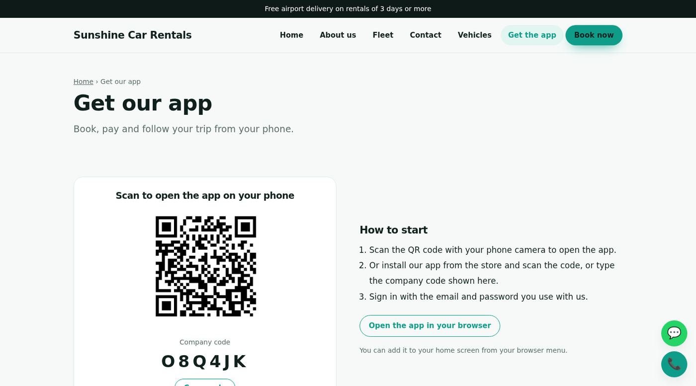The Get our app page on the owner website