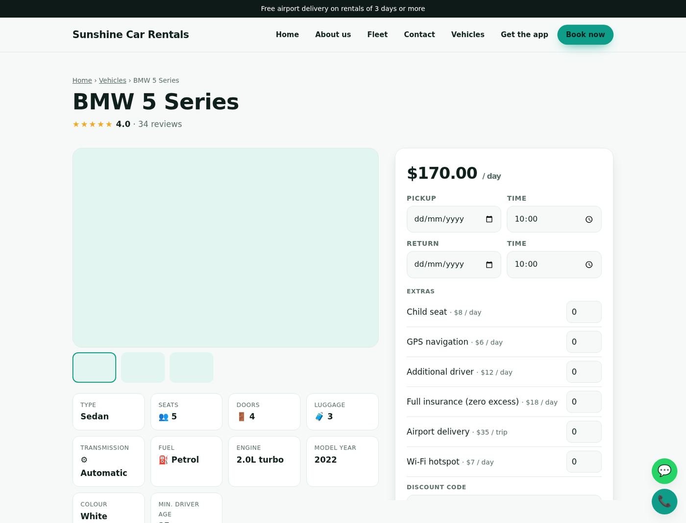 A vehicle page with the booking panel