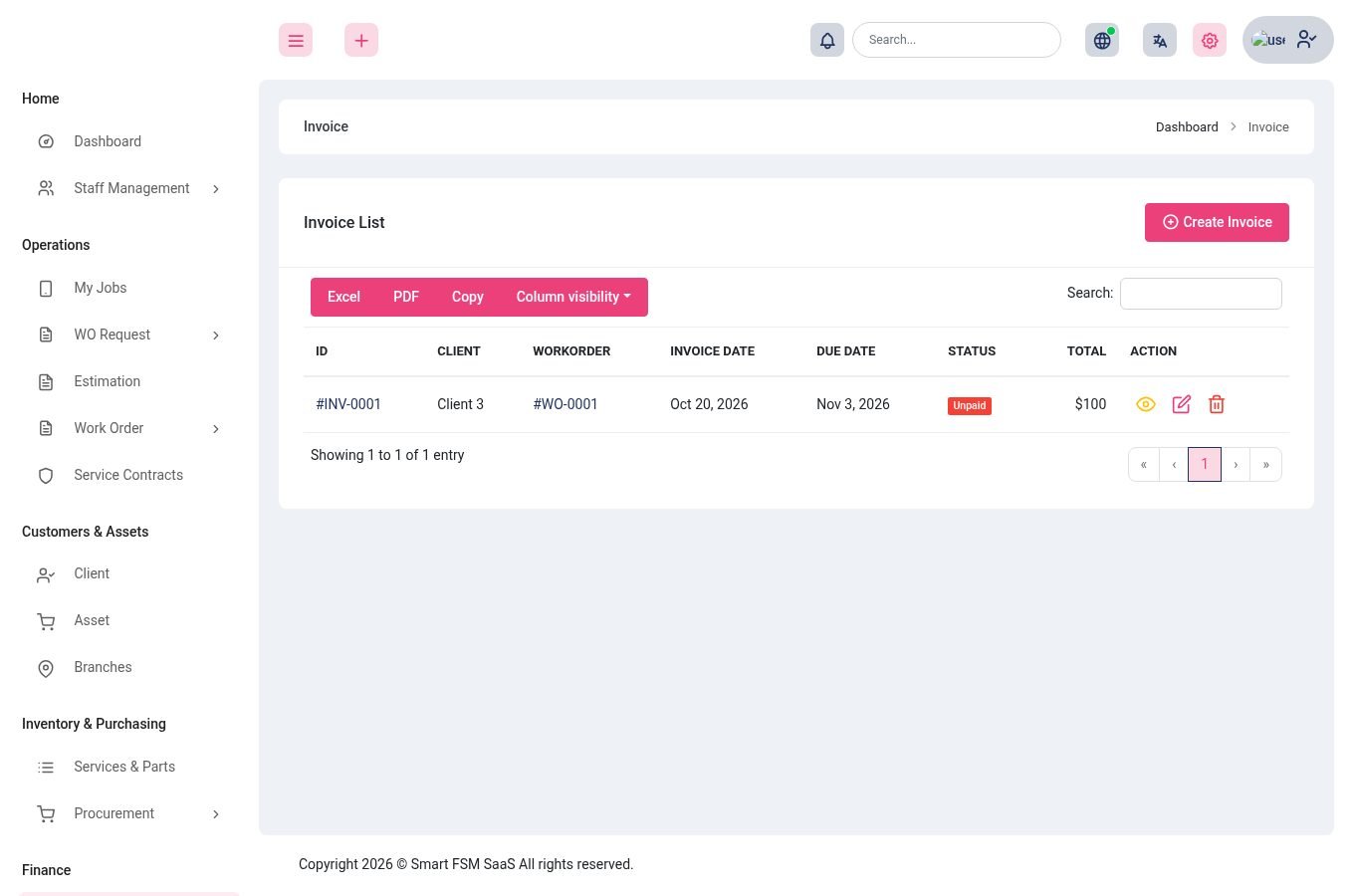 The invoice list